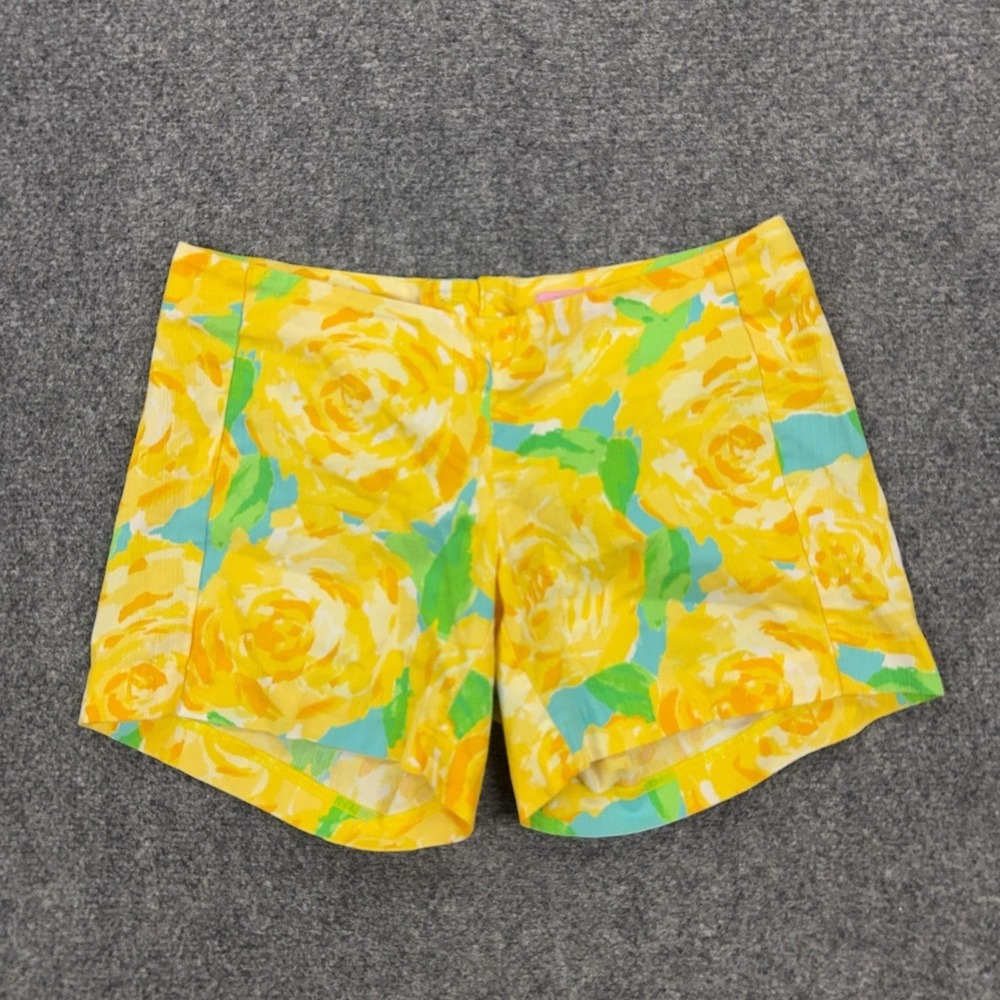 Lilly Pulitzer Shorts Womens 00 Yellow Floral Print Seersucker Chino Cotton